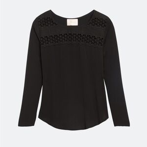 Skies‎ are Blue | Lace Yoke Long Sleeve Blouse | Black | Petite Medium (MP)